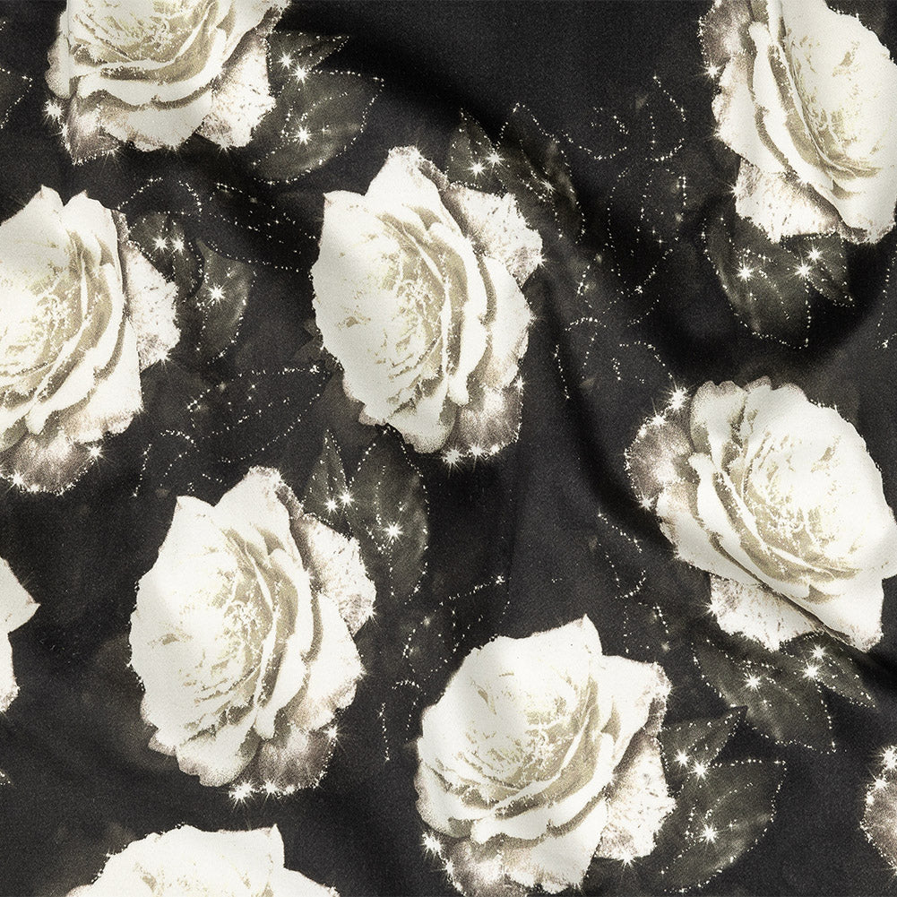 Stretch Cotton Sateen - Black and White Starry Floral - Rose Dread Print - Mood Exclusive Twilight Collection - Joann Fabrics