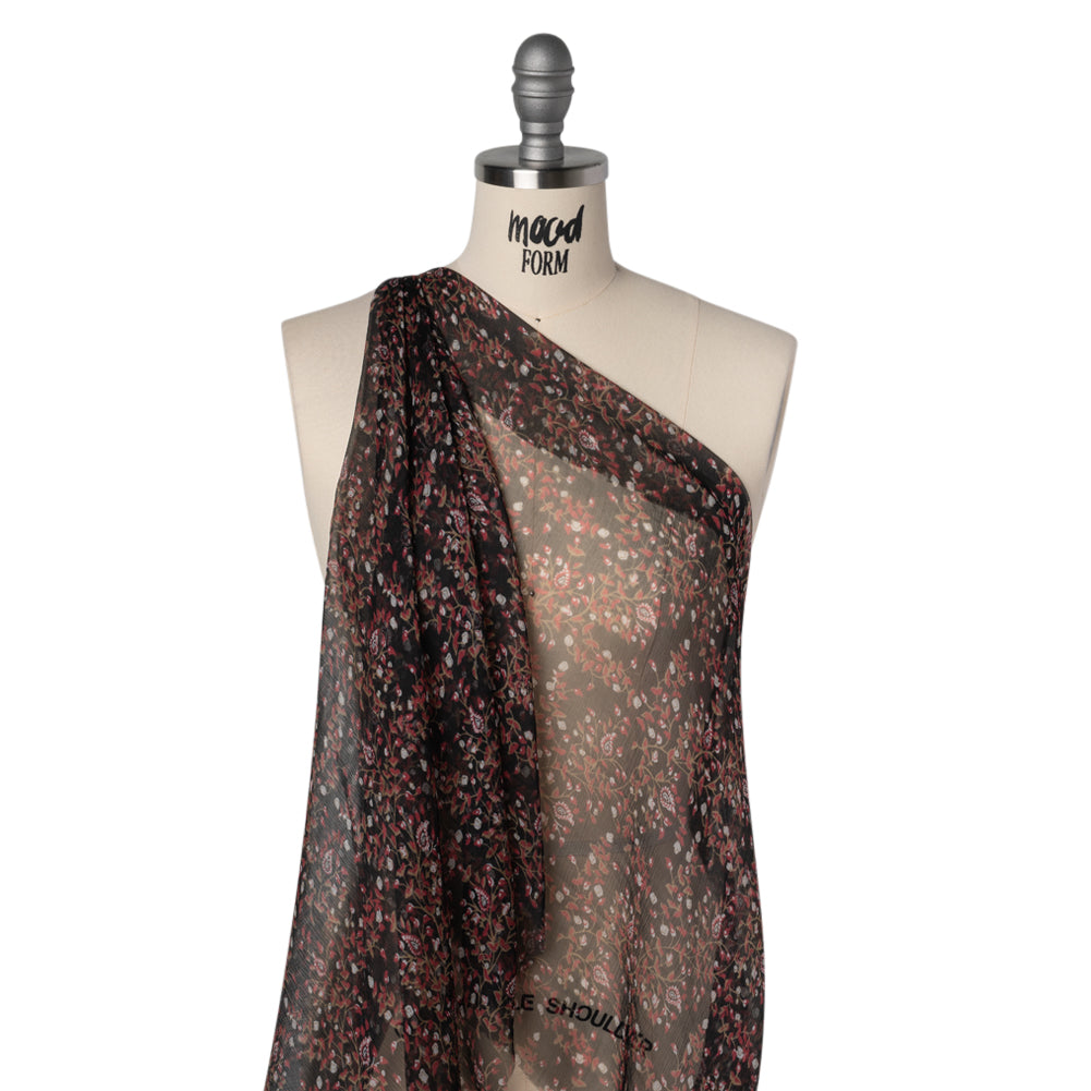 Crinkled Silk Chiffon Print - Red, Brown and Black Paisley and Budding Vines - Deadstock - Joann Fabrics