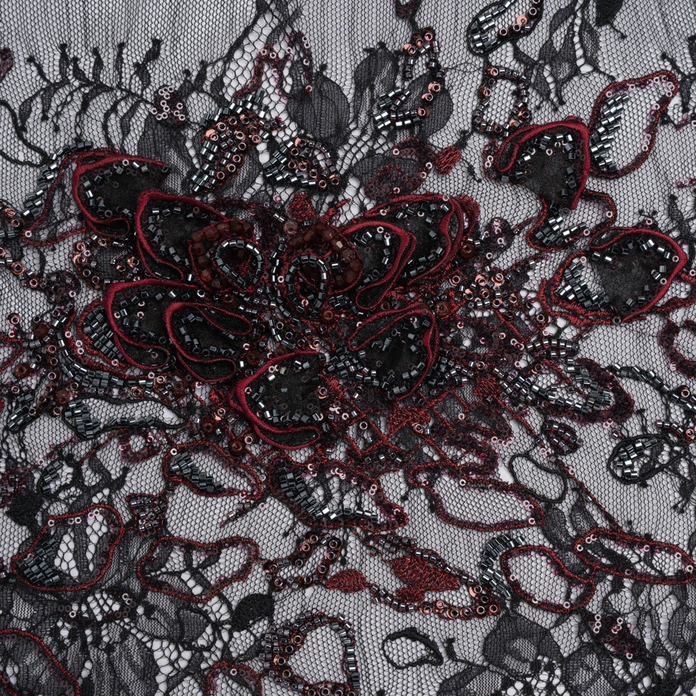 Embroidered and Beaded Chantilly Lace with 3D Fabric Flowers - Black and Dark Red Floral - Joann Fabrics