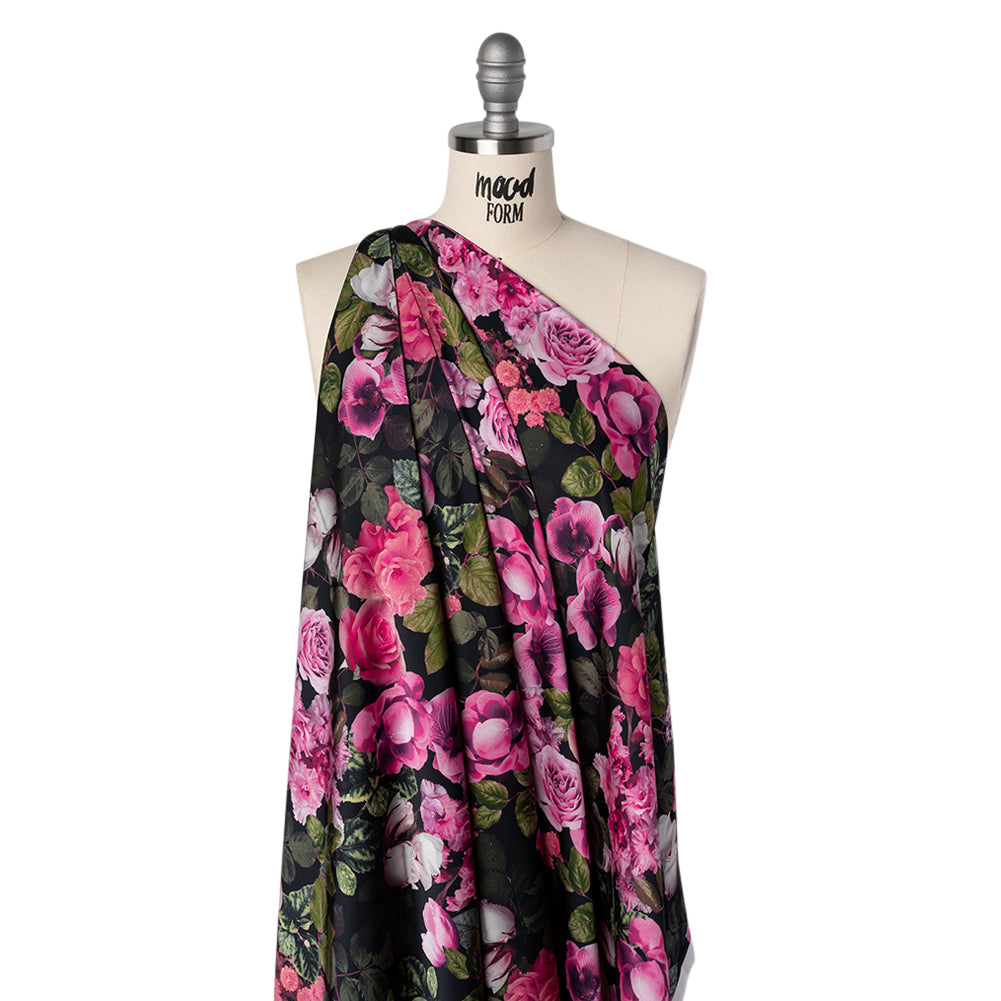 Polyester Satin - Pink, Green and Black Photorealistic Florals - Mood Exclusive Petals After Dark Print - Joann Fabrics