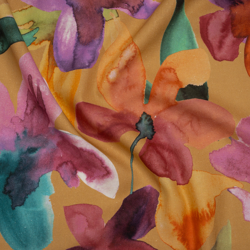 Linen and Rayon Woven - Yellow Ochre, Pink and Purple Watercolor Florals - Mood Exclusive Watercolor Whimsy Print - Joann Fabrics