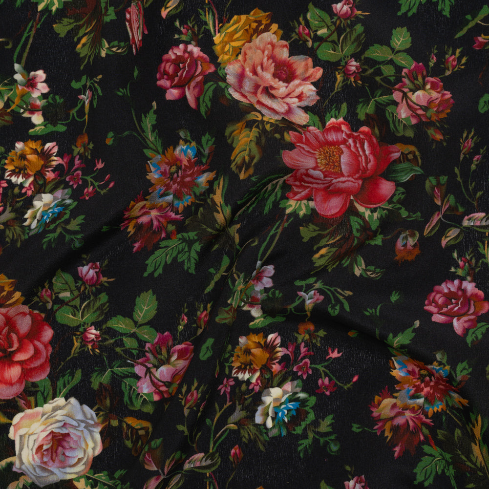 Silk Crepe de Chine Print Made in Italy - Black, Pink and Yellow Ochre Floral - Deadstock - Joann Fabrics
