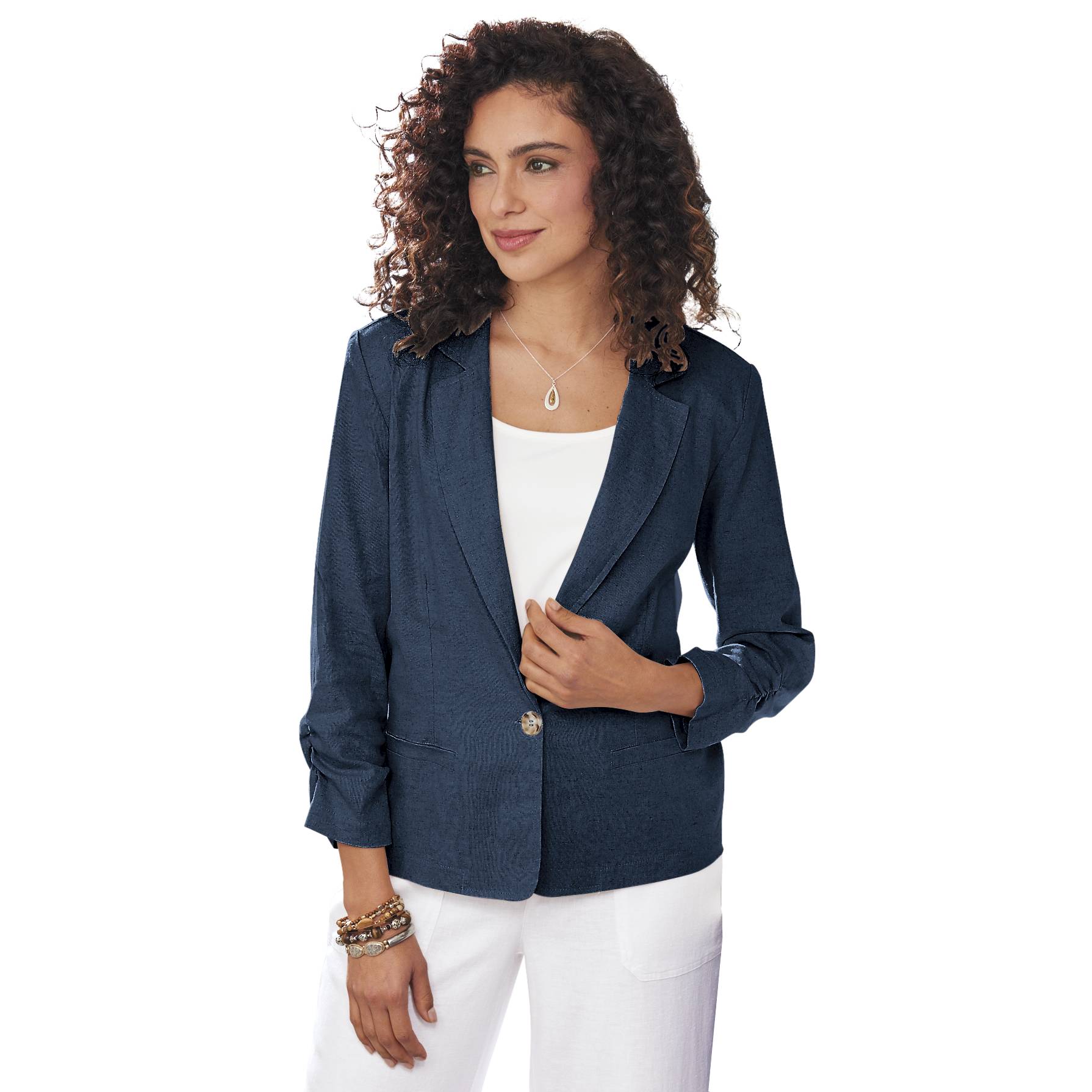 One-Button Linen-Blend Jacket, Open Front, 3/4 Ruched Sleeves - Northstyle Catalog