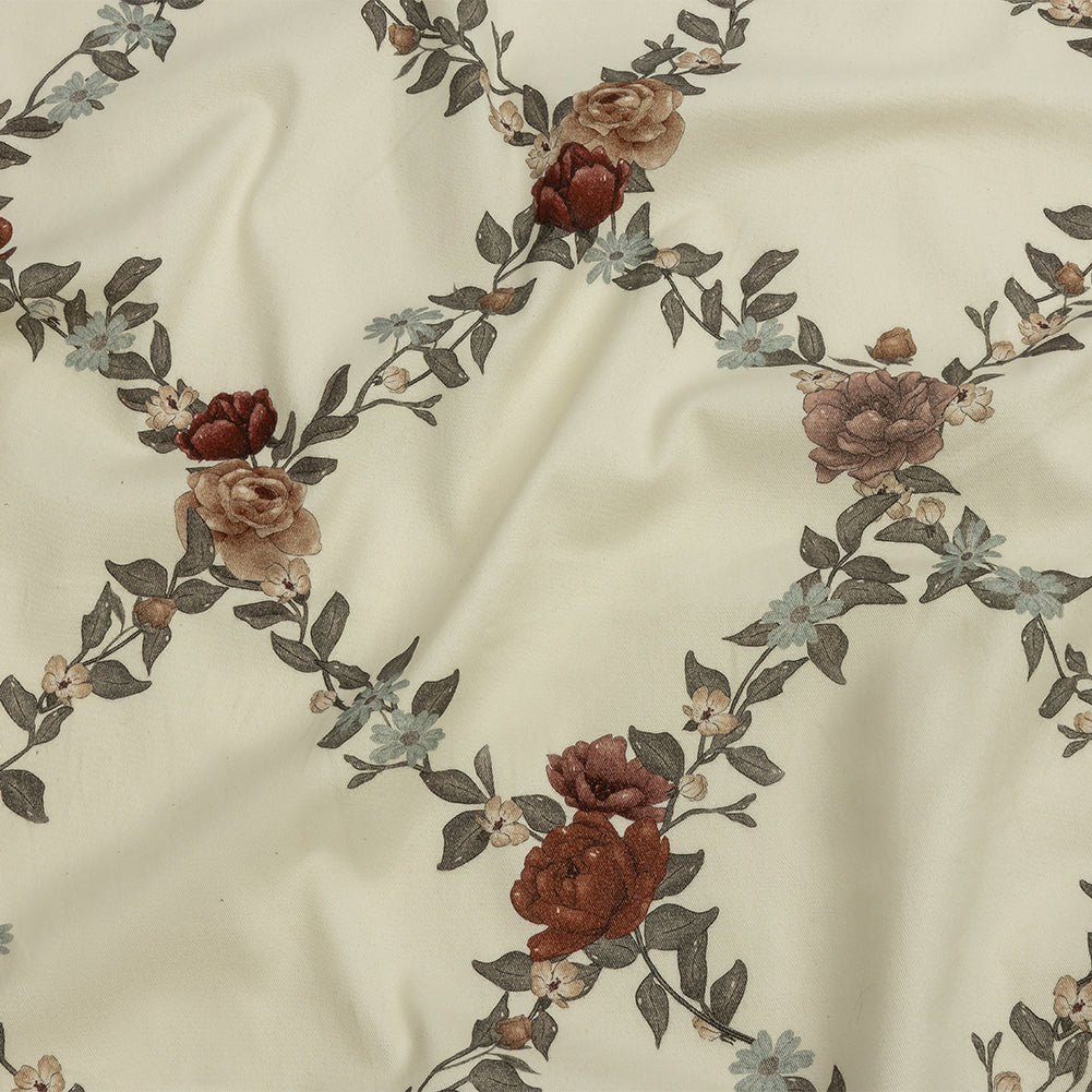 Brushed Stretch Cotton Twill Print - Cream, Green and Red Floral Lattice - Mood Exclusive Rose Above - Joann Fabrics