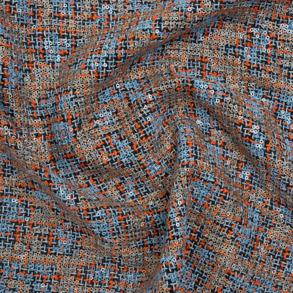 Polyester Tweed with Sequins - Sky Blue, Orange and Navy Plaid with Gold and Sky Blue Sequined Animal Spots - Joann Fabrics