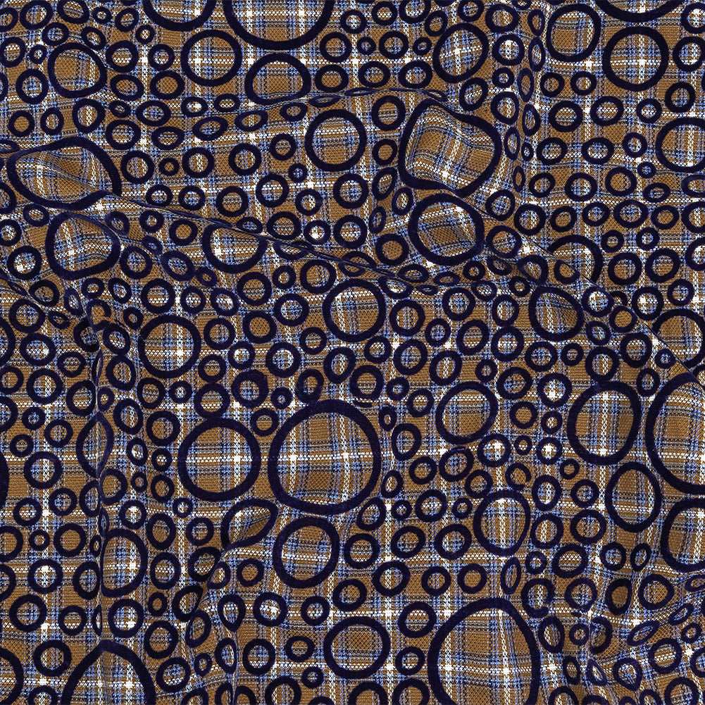 Tan, White and Navy Flocked Circles on Plaid Rustic Cotton and Polyester Woven - Joann Fabrics