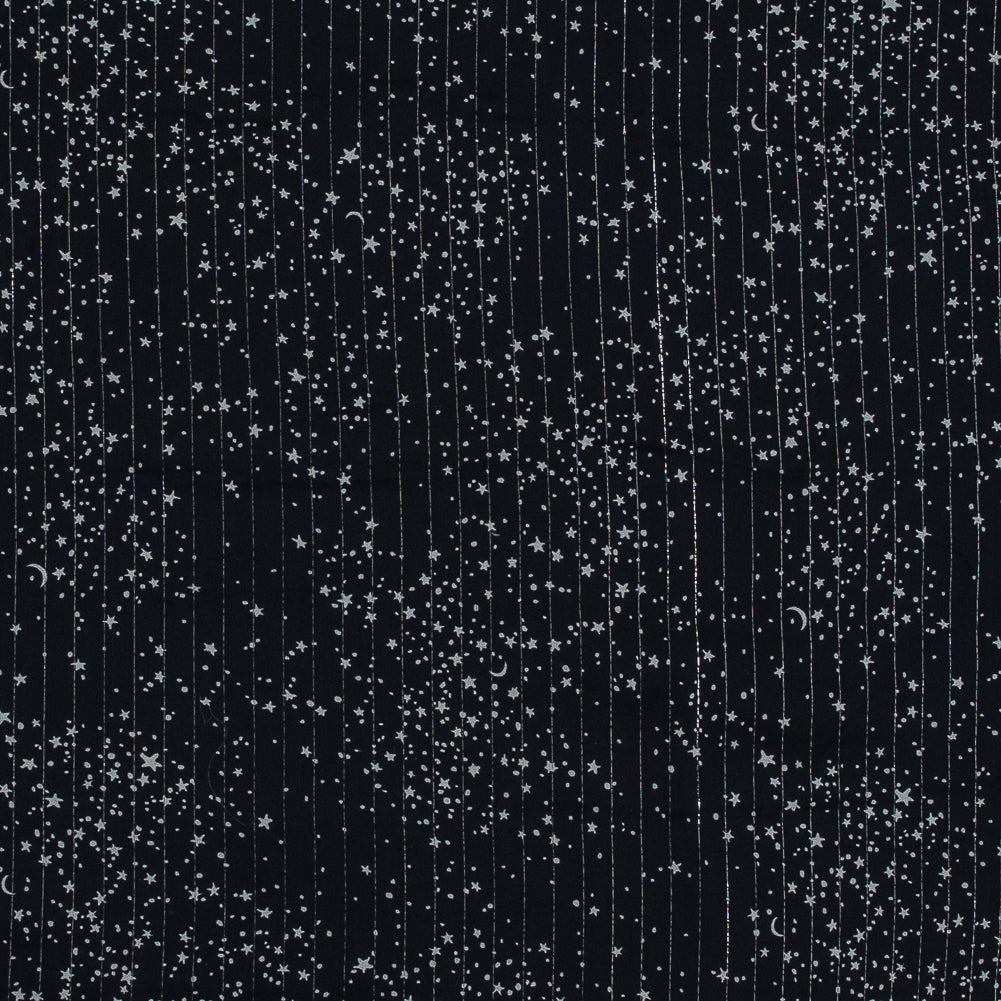 Black and White Star-Filled Silk Chiffon with Metallic Silver Stripes - Joann Fabrics