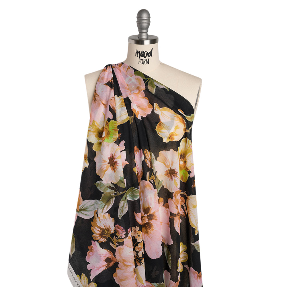 Cotton Voile - Light Pink, Green and Black Watercolor Florals - Mood Exclusive Blooming Bouquets Print - Joann Fabrics