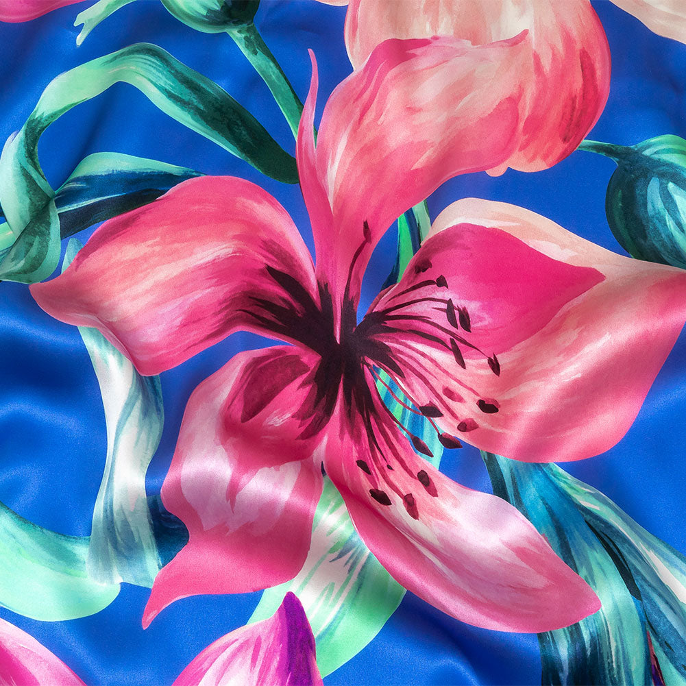 Mood Exclusive Italian Pink, Cascade and Blue Lilies Silk Charmeuse - Joann Fabrics