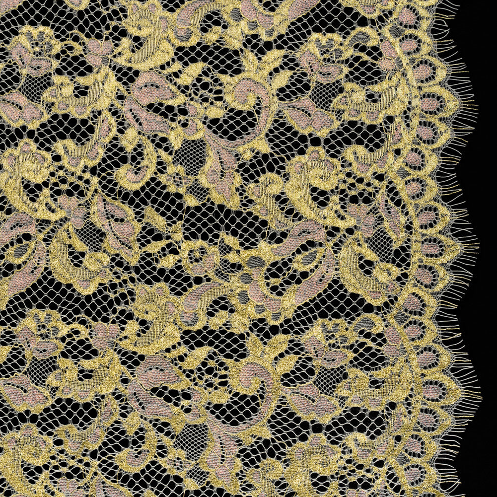 Metallic Viscose Blend Raschel Lace with Finished Edges - Ivory, Gold and Pink Florals and Curls - Joann Fabrics