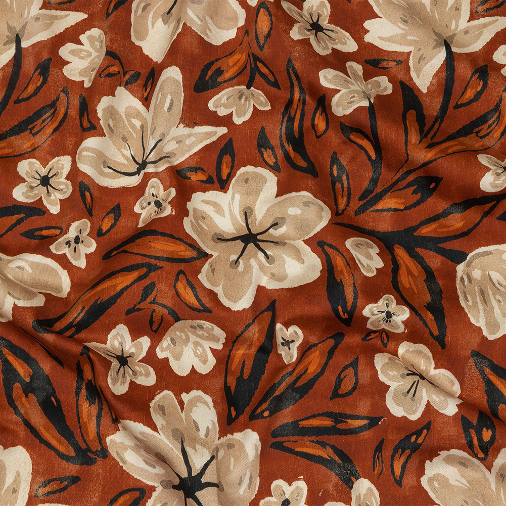 Stretch Cotton Sateen - Burnt Orange Painterly Floral - Orange Wildflower Walk Print - Mood Exclusive Rockland Collection - Joann Fabrics