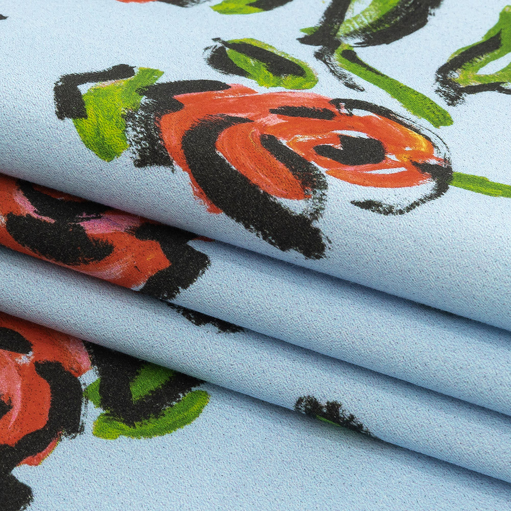 Stretch Cotton and Viscose Sateen Print - Light Blue, Red and Green Roses - Mood Exclusive Mostly Rosy - Joann Fabrics