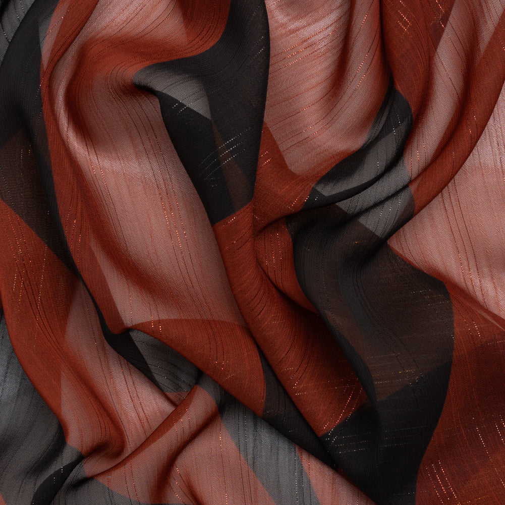 Polyester Chiffon Print with Metallic Pinstripes - Rust Red and Black Abstract - Mood Exclusive Fondue Funhouse - Joann Fabrics