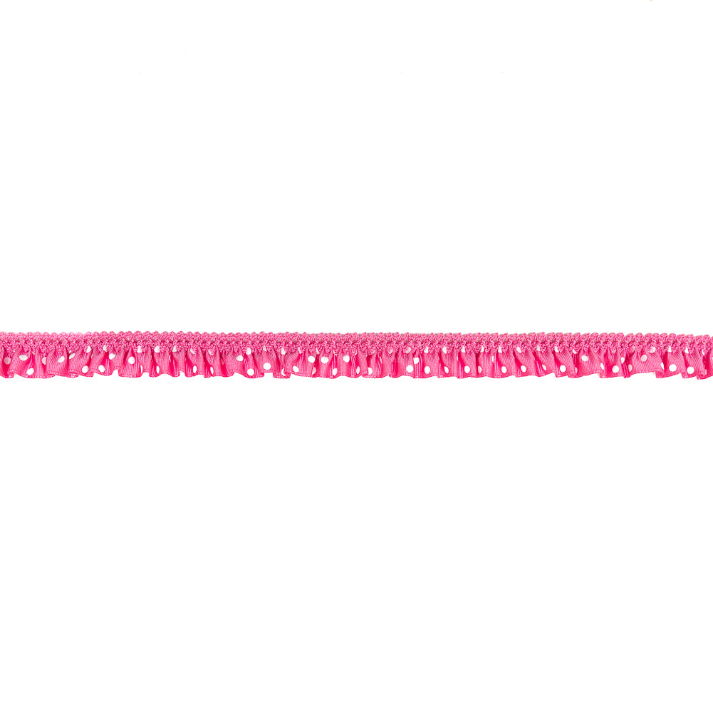 European Pink and White Polka Dot Ruffled Stretch Grosgrain .875