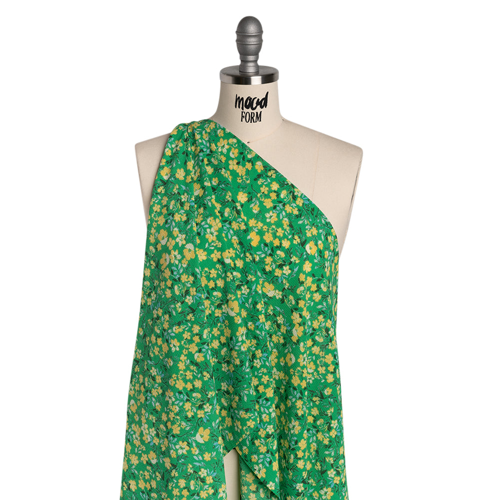Puckered Polyester Crepe - Kelly Green and Yellow Floral - Designer Deadstock - Joann Fabrics
