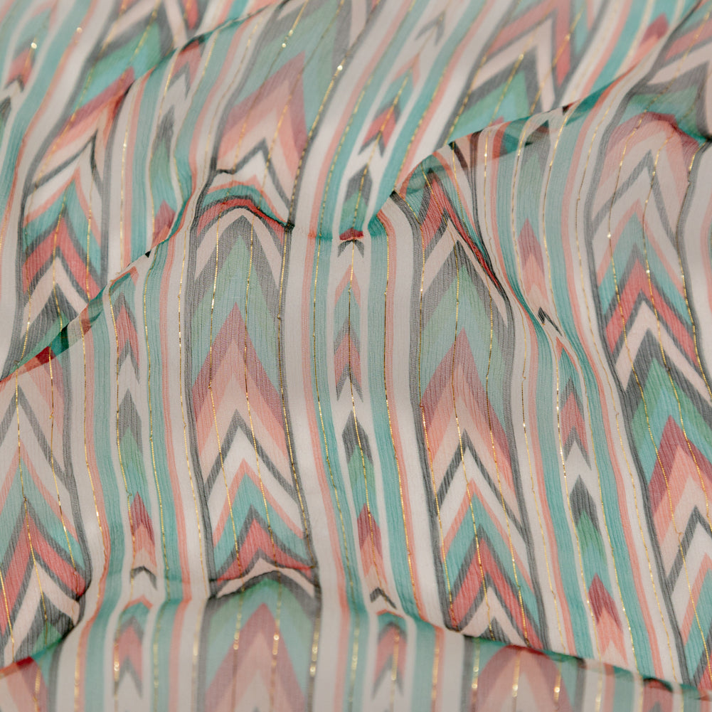 Jade and Coral Geometric Crinkled Silk Chiffon with Metallic Gold Stripes - Joann Fabrics
