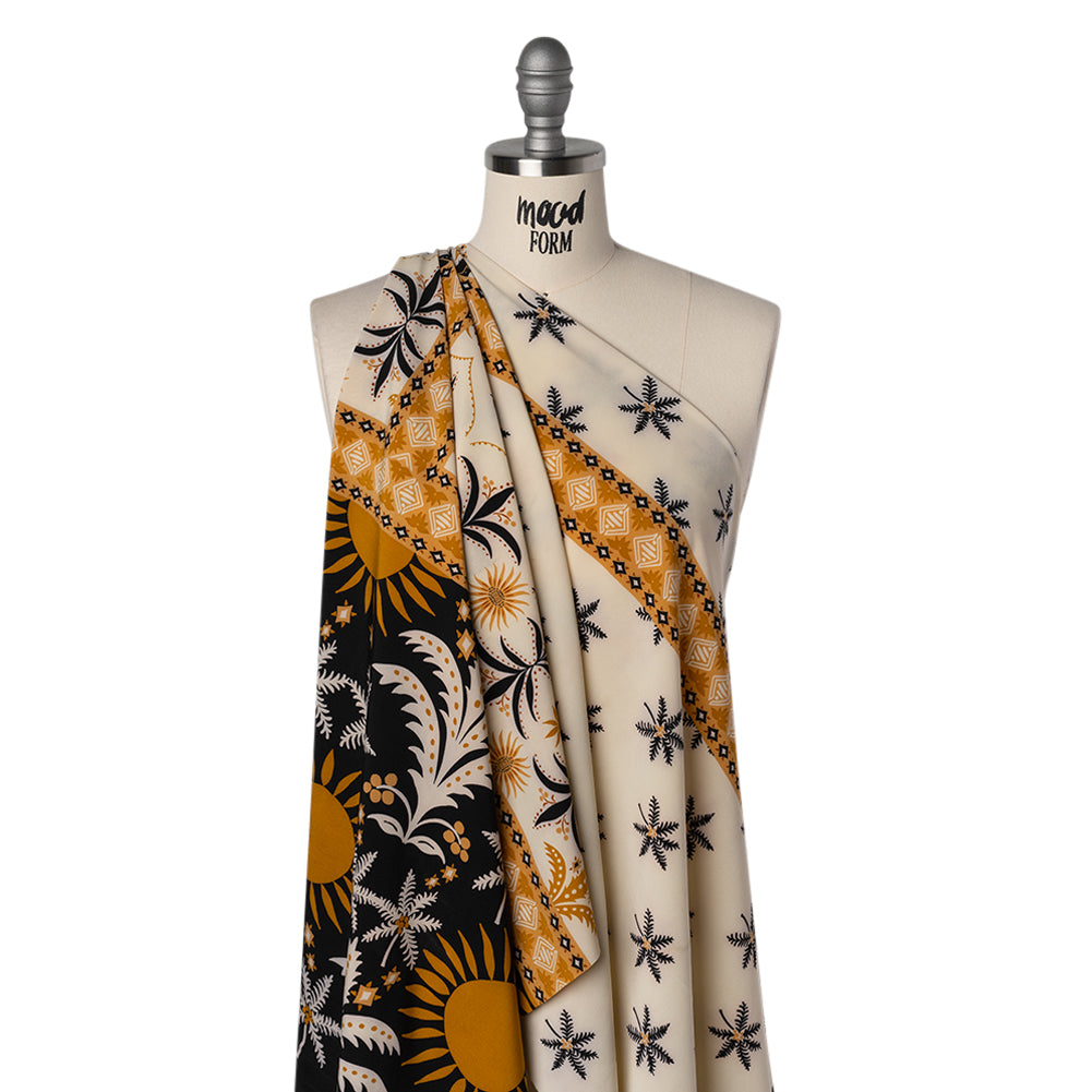 Stretch Polyester Crepe de Chine Print - Cream, Black and Golden Ochre Flowers and Suns Border - Designer Deadstock - Joann Fabrics