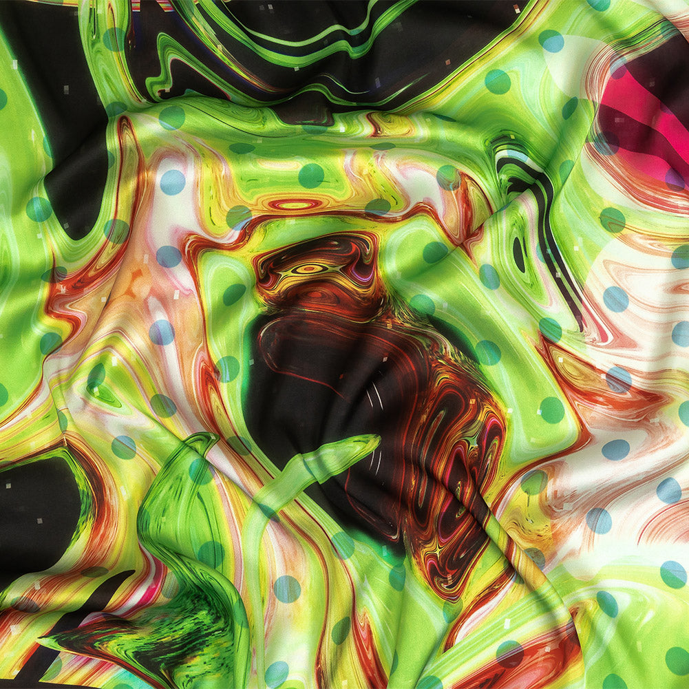 Polyester Charmeuse Print - Lime Green, Pink and Brown Abstract Swirls and Polka Dots - Mood Exclusive Interstellar - Joann Fabrics
