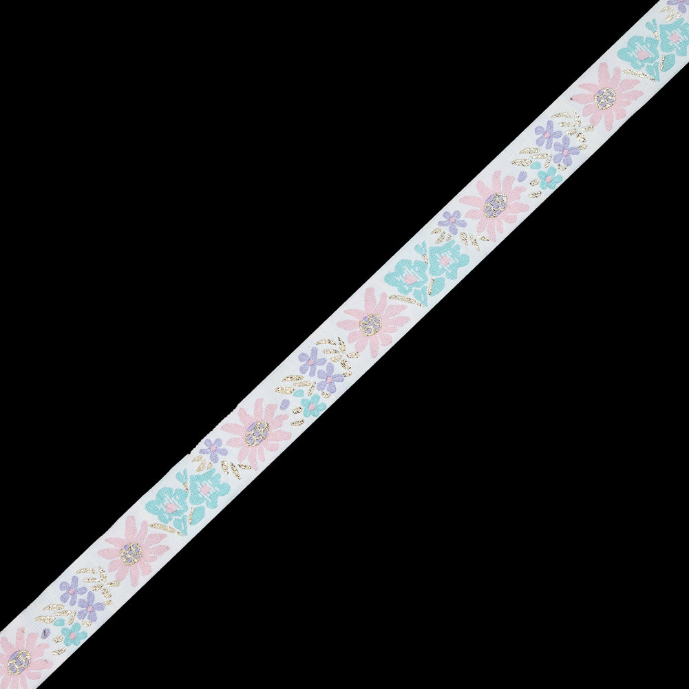 Pink, Aqua and Metallic Gold Floral Jacquard Ribbon - 1
