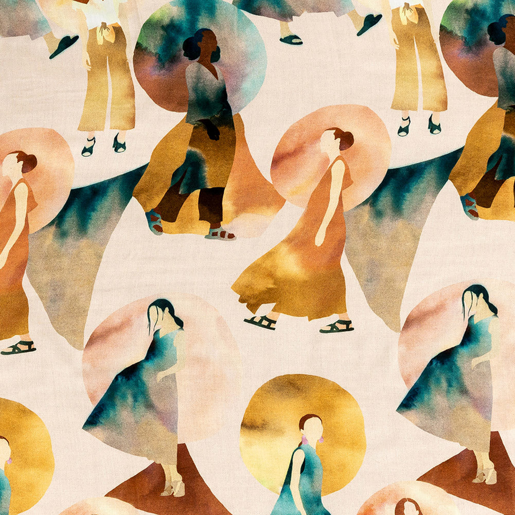 Rayon Challis - Multi Watercolor Figures and Shapes - Wayfaring Woman Print - Mood Exclusive Tumunyana Collection - Joann Fabrics