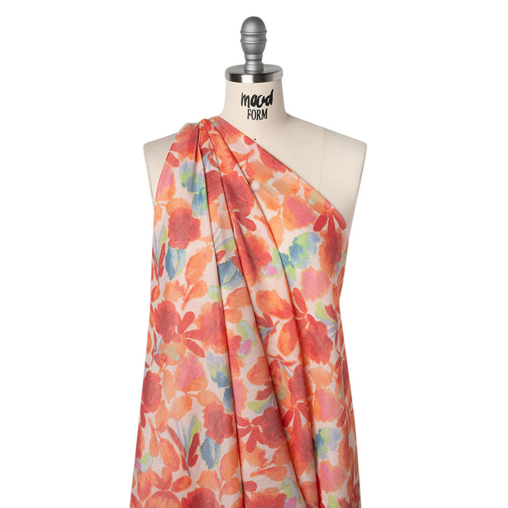 Textured Gauzy Rayon and Polyester Woven Print - Orange, Coral and Blue Painterly Florals - Designer Deadstock - Joann Fabrics