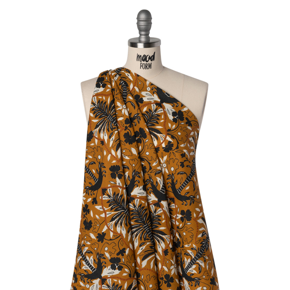 Linen and Rayon Woven - Burnt Orange, Black and White Palm Tree Stripes - Mood Exclusive Palm Prestige Print - Joann Fabrics