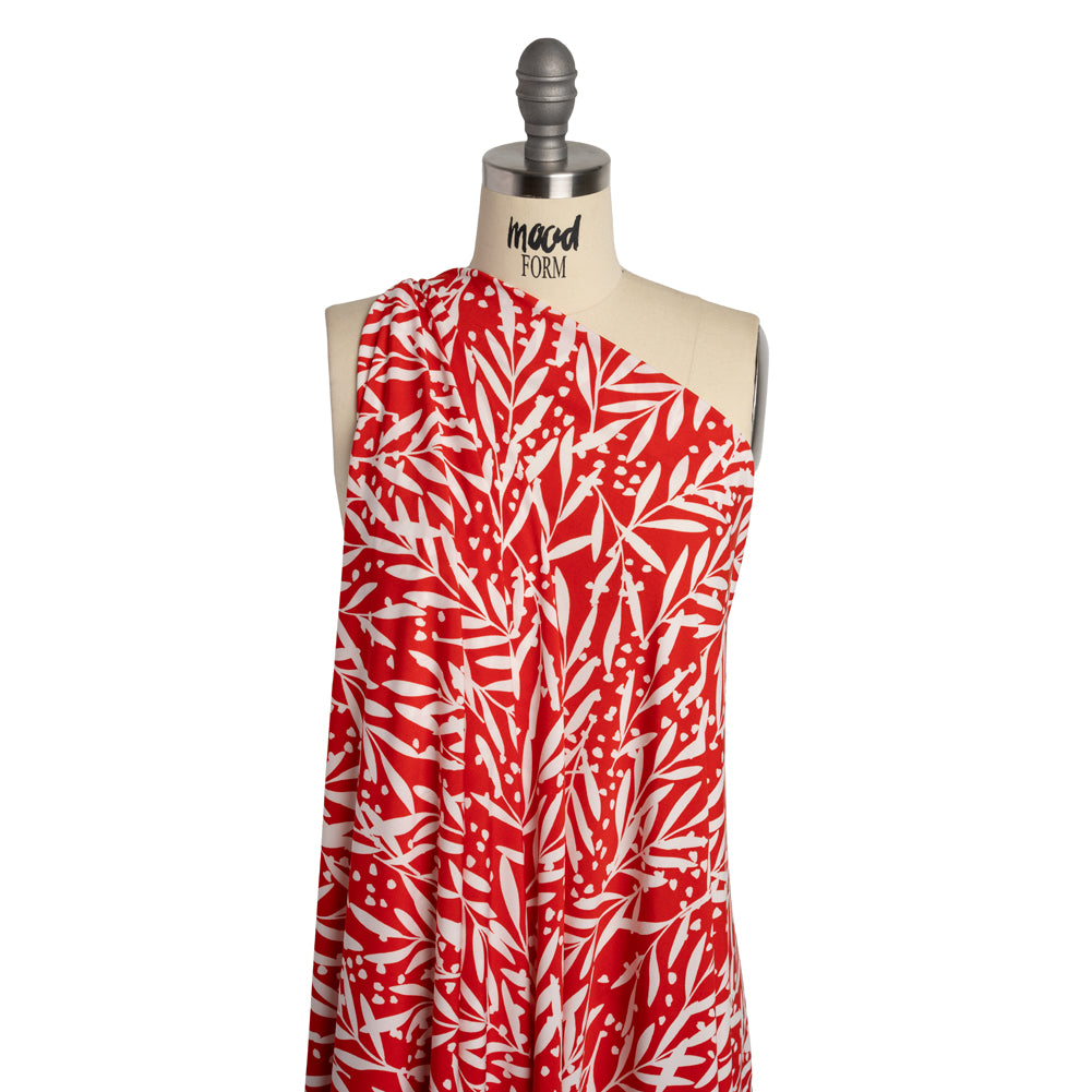 Stretch Polyester Tricot - Scarlet Red and White Leafy Stems - Designer Deadstock - Joann Fabrics
