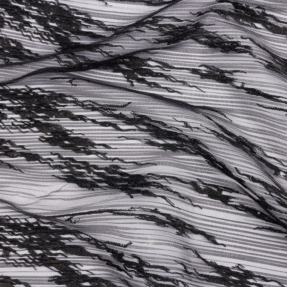 Embroidered Soft Pleated Tulle with Clear Baby Sequins - Black Abstract - Linden Collection - Joann Fabrics