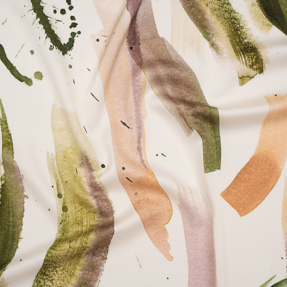 Polyester Satin - Forest Green, Plum Purple and Tangerine Abstract Watercolor Ribbons - Mood Exclusive Fluid Strokes Print - Joann Fabrics