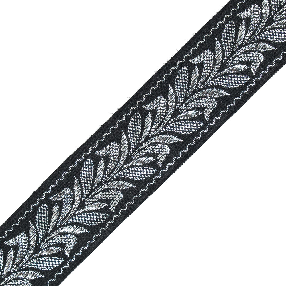 Black and Silver Metallic Foliage Jacquard Ribbon - 1.5