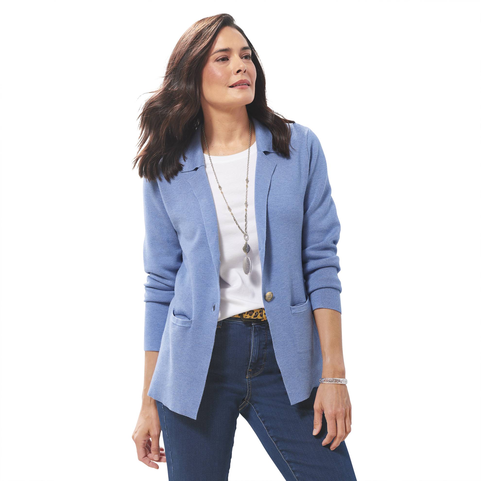 Tailored Sweater-Knit Two-Button Blazer, Notched Lapels, Pockets - Northstyle Catalog