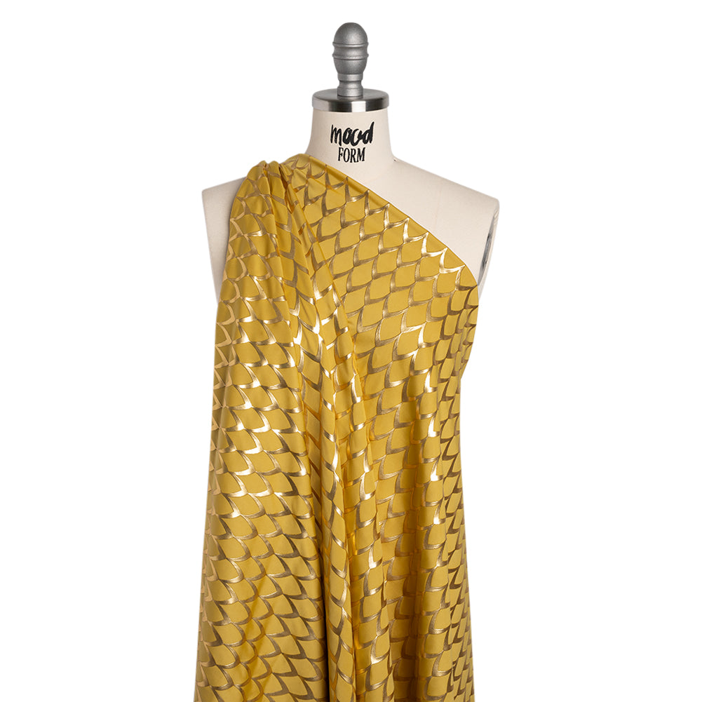 Yaya Han Stretch Polyester Jersey with Vinyl Puff Print - Mustard Yellow and Metallic Gold Dragon Scales - Cosplay Collection - Joann Fabrics