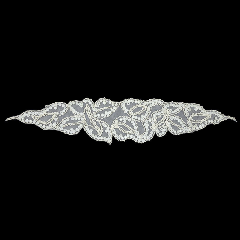 Vintage White Abstracted Leaves Beaded and Sequins Sheer Mesh Applique - 3.75