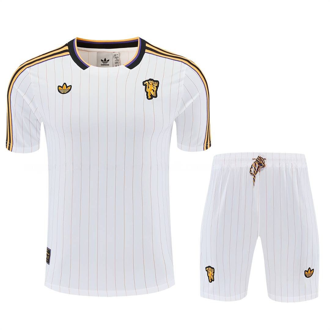Manchester United 25-26 Retro Style Short-Sleeve Training Set - White With Thin Black Stripes Top & Pants - UnitedFutballJersey