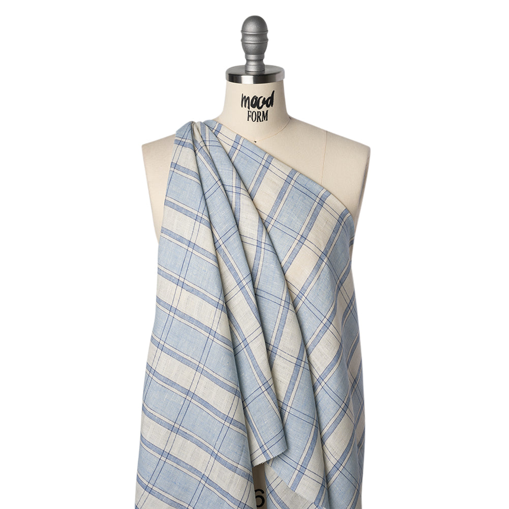 Lightweight Linen Dobby - Light Blue and Cream Plaid with Basketweave Details - Joann Fabrics