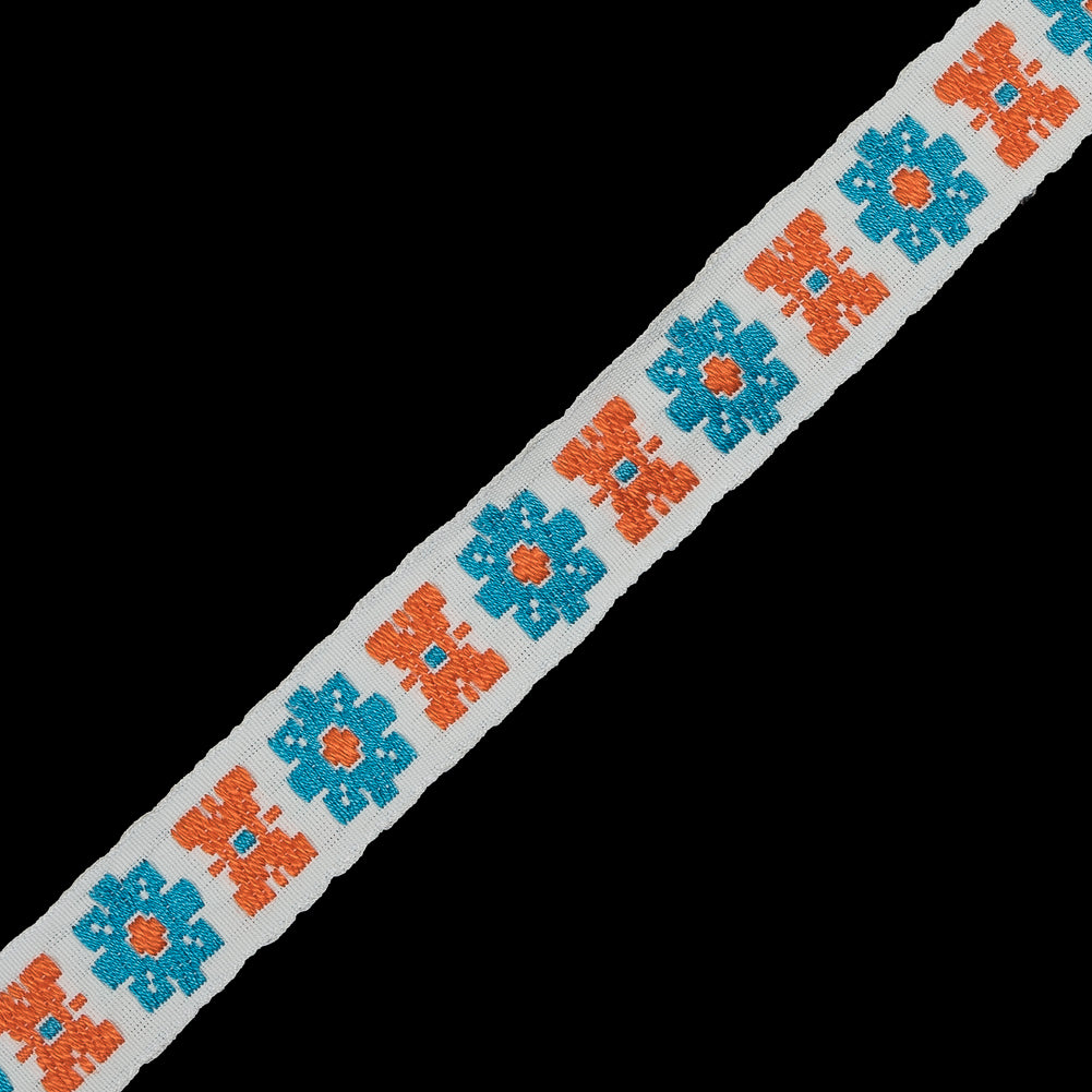Orange and Blue Floral Jacquard Ribbon - 0.75
