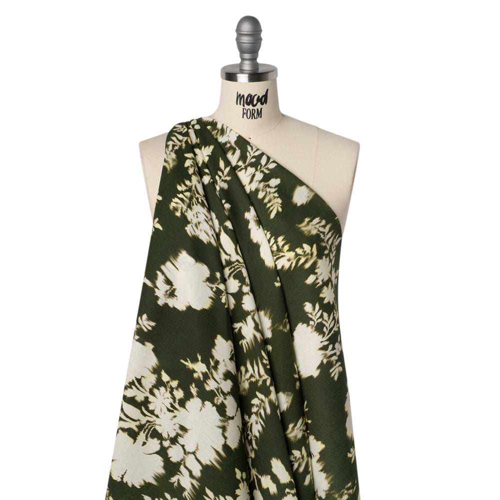 Linen and Rayon Woven - Forest Green and Off White Ikat-Like Floral Silhouettes - Mood Exclusive Dahlia Daydreams Print - Joann Fabrics