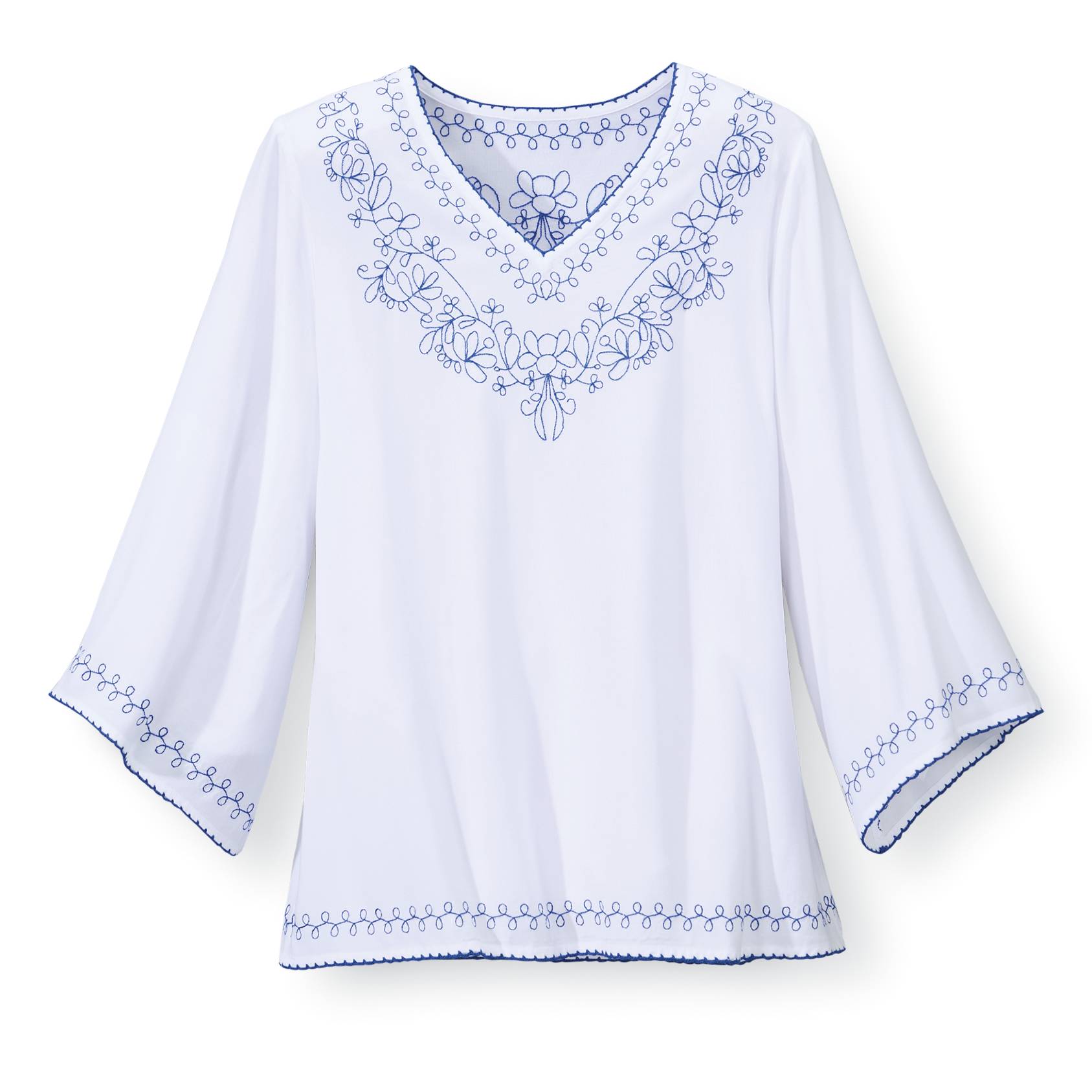 Embroidered Popover Top, V-Neck, 3/4 Bell Sleeves - Northstyle Catalog