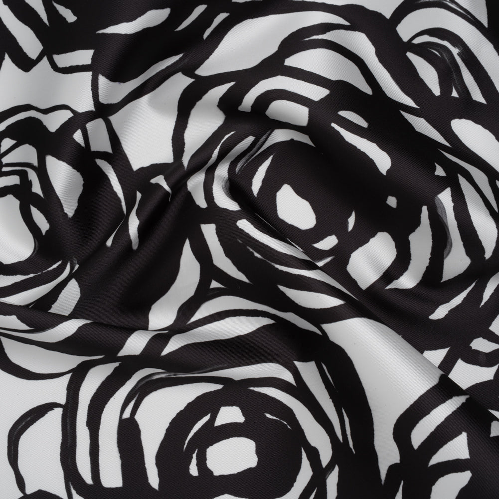 Polyester Mikado Twill Made in Italy - Black and White Ink Brush Roses - Joann Fabrics