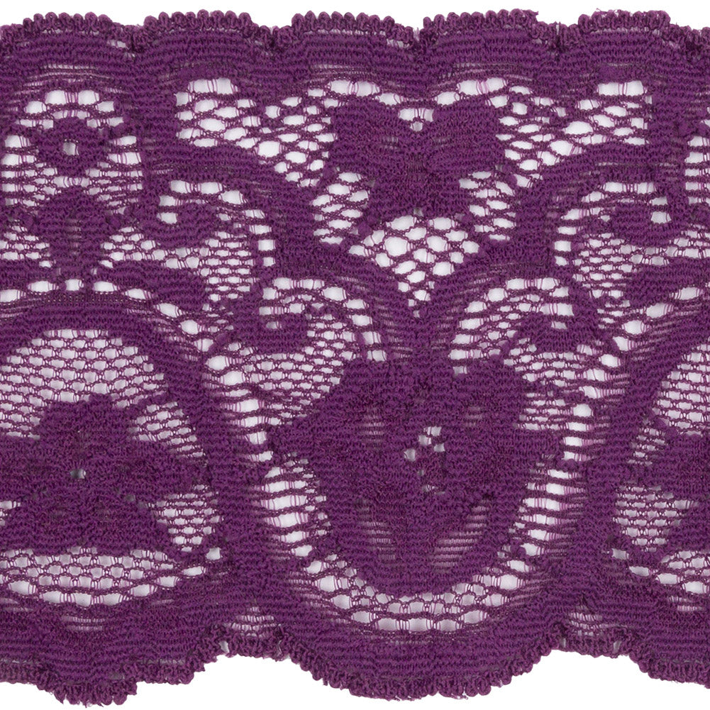 Purple Rose Floral Waves Stretch Lace Trim with Scalloped Edges - 2.875
