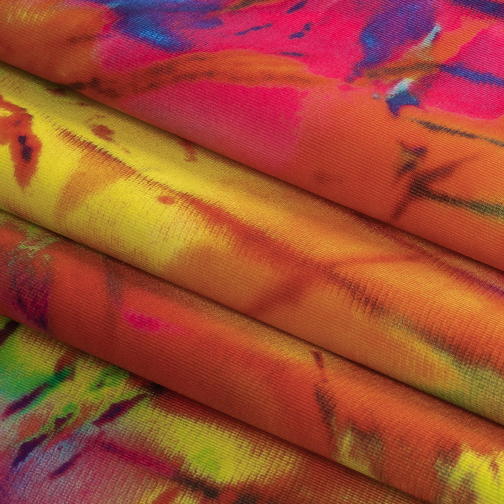 Compression Swimwear Tricot, UV Protective with Aloe Vera Microcapsules - Summer Green and Orange Splash Tie Dye - Caye Collection - Joann Fabrics