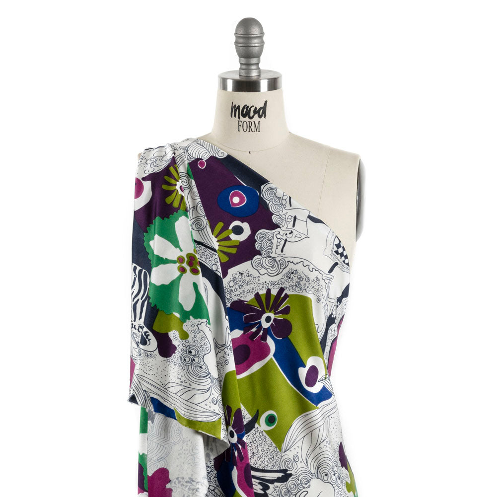 Magenta, Kiwi and Navy Flowers and Animal Sketches Silk Jersey - Joann Fabrics