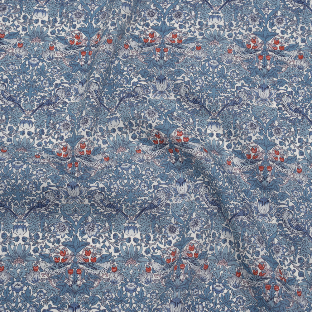 Liberty Fabrics Tana Lawn® - Strawberry Thief Spring Blue - Muted Blue Green, Navy and Red Birds, Berries and Flowers - Joann Fabrics