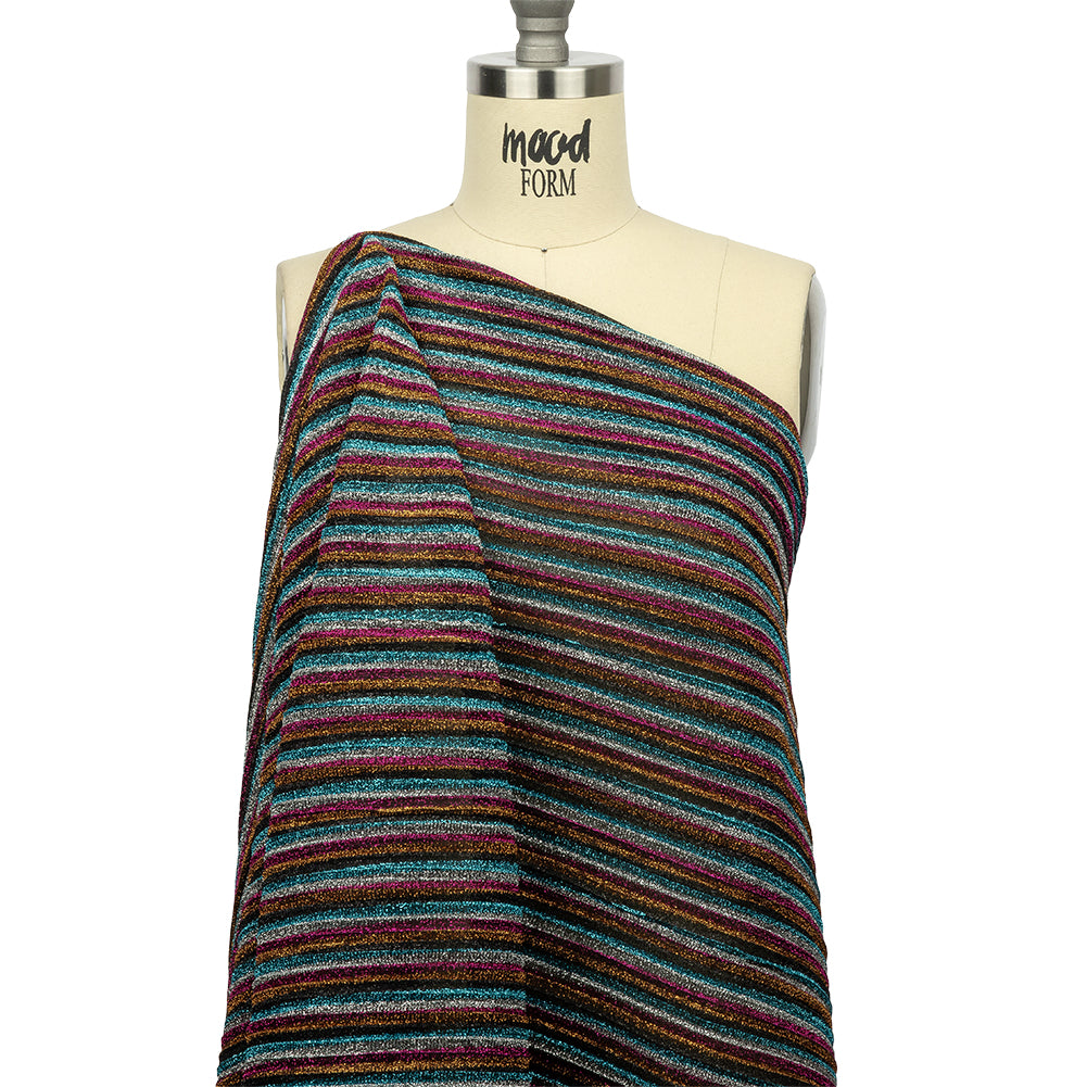 Pleated Polyester Knit - Turquoise, Pink and Silver Metallic Stripes - Joann Fabrics