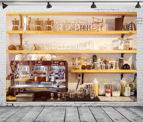 10x6.5FT Cosy Coffee Bar Backdrop Coffee Machine Wooden Counter Warm ...