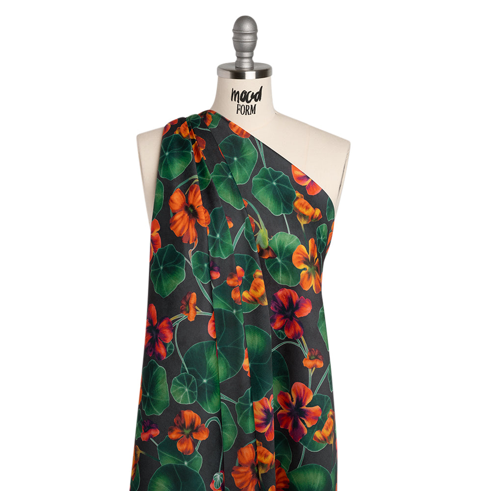 Polyester Crepe-Back Satin - Dark Green and Orange Flowers and Lily Pads - Mood Exclusive Climbing Crocus Print - Joann Fabrics