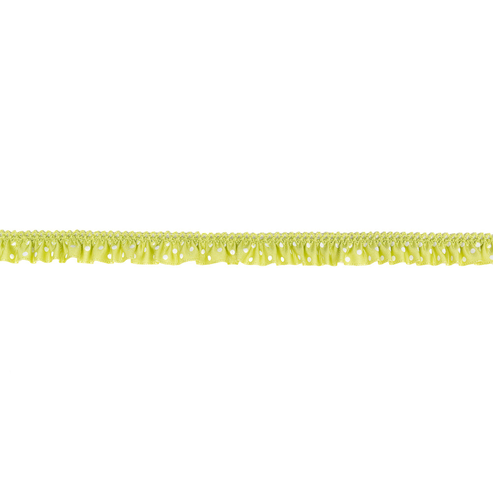 European Green and White Polka Dot Ruffled Stretch Grosgrain .875