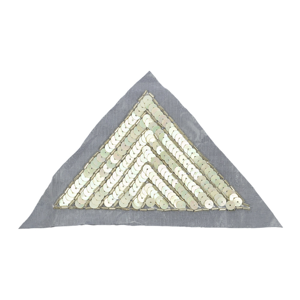 Vintage White Iris and Silver Beaded and Sequined Wide Triangle Applique - 3.25