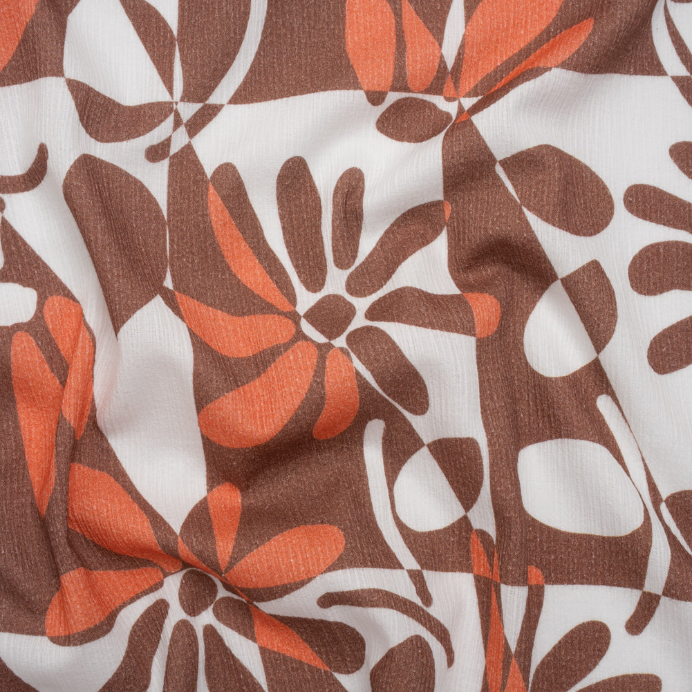 Slubbed Gauzy Cotton Woven - Brown, Coral and White Retro Geometric Patchwork and Flowers - Mood Exclusive Graphic Garden Print - Joann Fabrics
