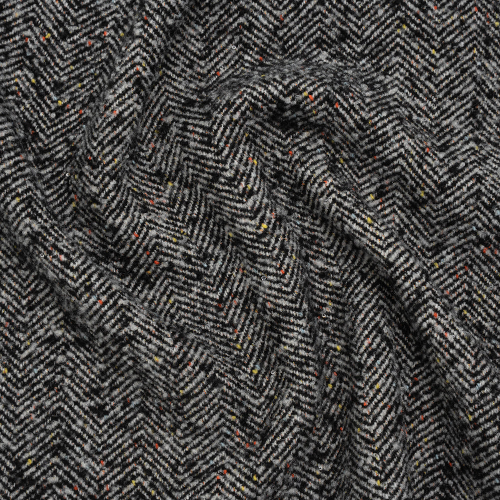 Wool Blend Chevron Twill Tweed with Clear Baby Sequins - Black and White with Rainbow Flecks - Joann Fabrics